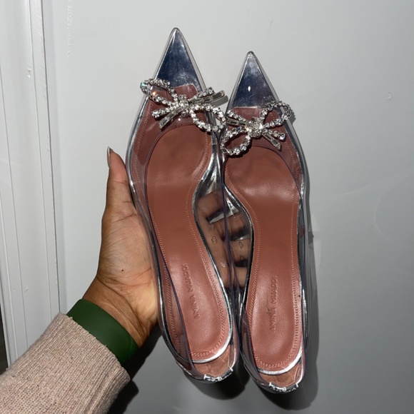Amina Muaddi Rosie 95mm Crystal Bow Glass Pumps - Picture 5 of 6